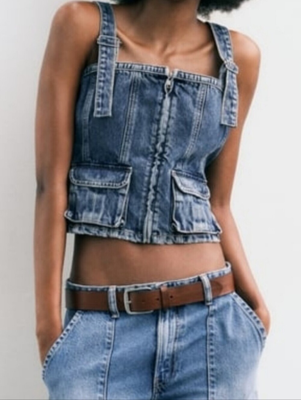 NWT Zara Denim Crop Cargo Zip Square Neck Top Size S